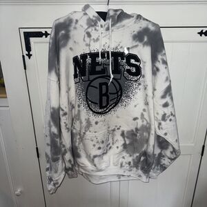 New York Brooklyn Nets Basketball XL Hoodie Tie Dyed Grays On White
